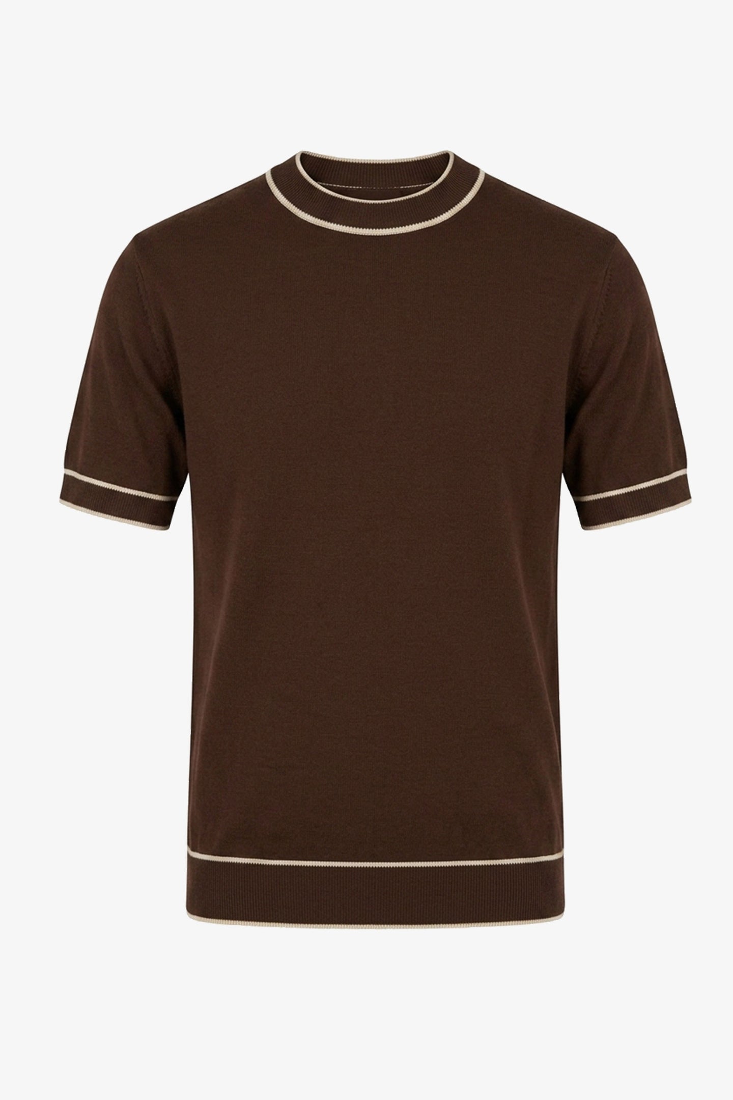 Camiseta masculina marrom de malha, modelagem regular, gola redonda com detalhes contrastantes.