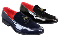Mocassins masculinos em couro sintético envernizado e camurça
