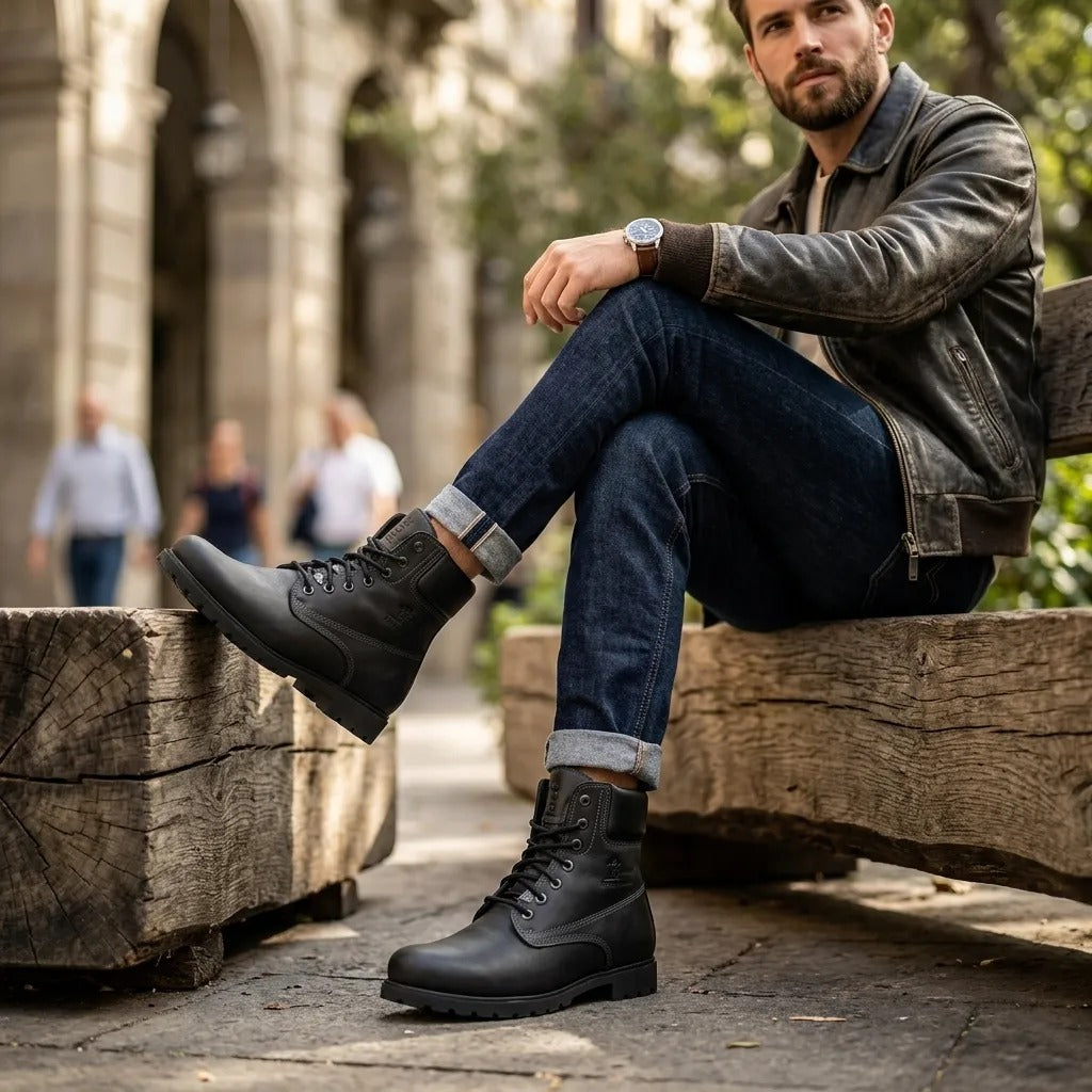 03 C3 - Botas de cano curto impermeáveis em couro preto para homem