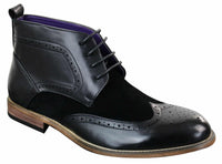 Botas Brogue Masculinas de Couro Preto Camurça PU, Estilo Casual Elegante, com Cadarço.