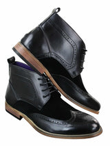 Botas Brogue Masculinas de Couro Preto Camurça PU, Estilo Casual Elegante, com Cadarço.