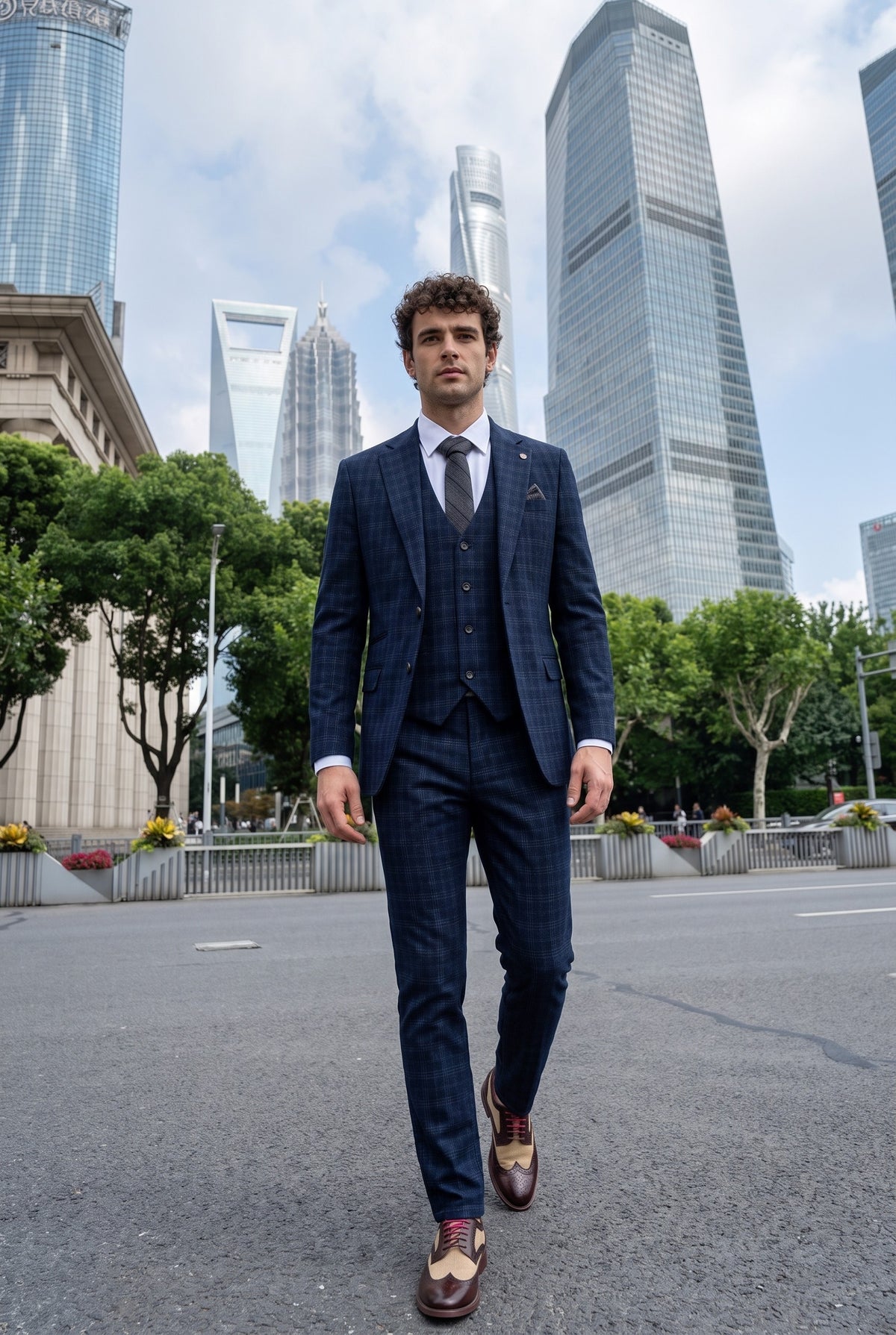 Look #570 styled with Marcos - Terno masculino de 3 peças, corte slim, xadrez azul marinho.