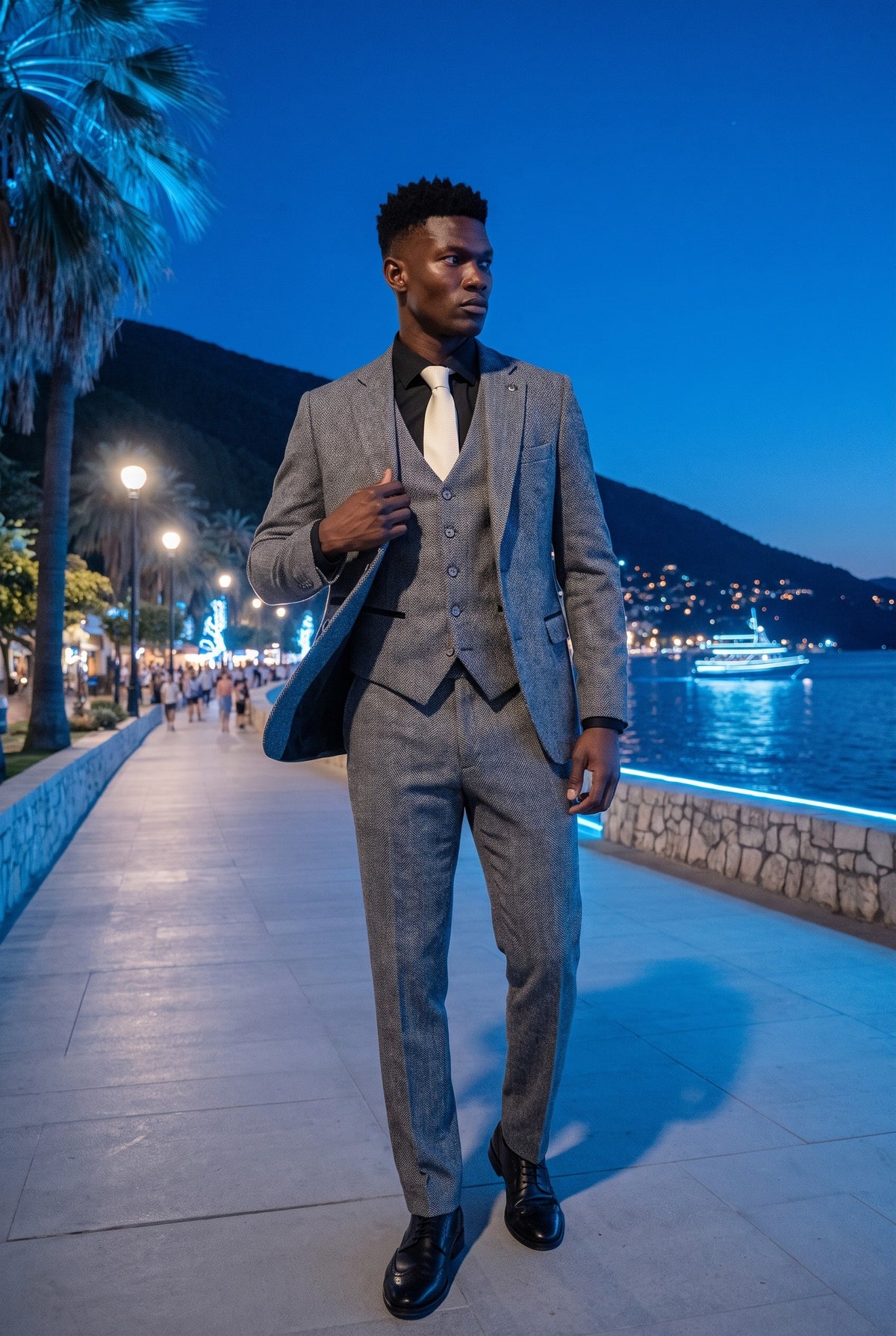 Look #975 styled with IM41 - Terno de tweed espinha de peixe cinza de 3 peças para homem