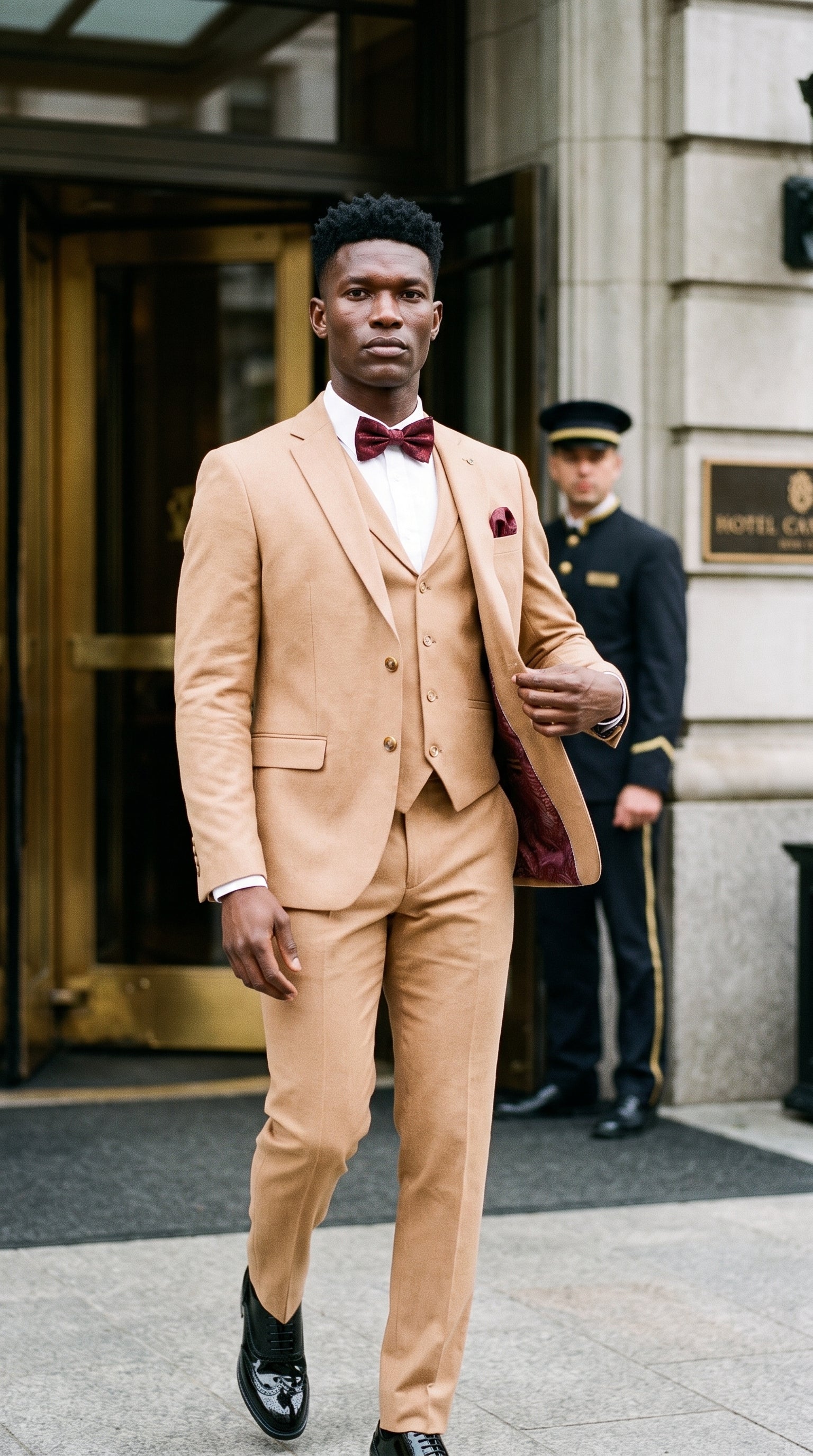 Look #644 styled with TP-23 - Terno masculino de linho cor camelo, 3 peças, para casamento no verão