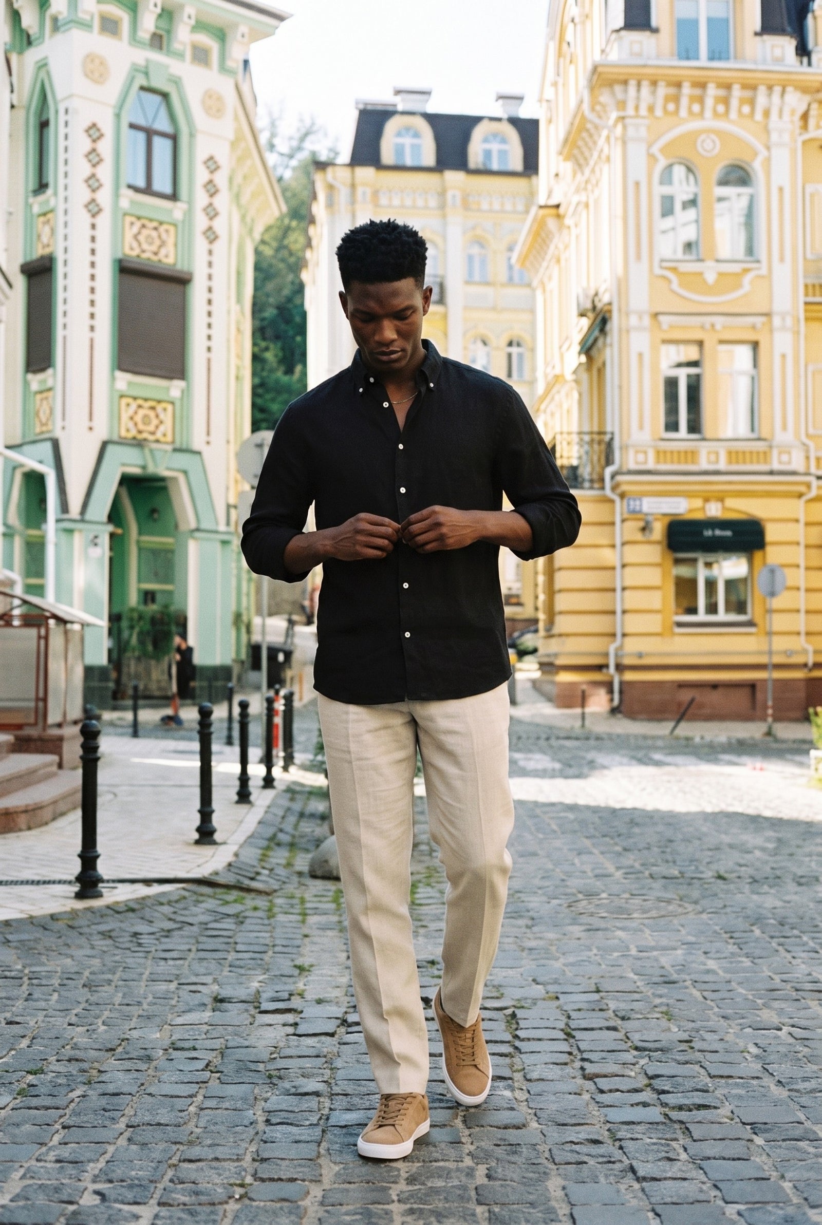 Look #1015 styled with Camisa masculina preta de linho puro, manga comprida, com botões, para o verão.