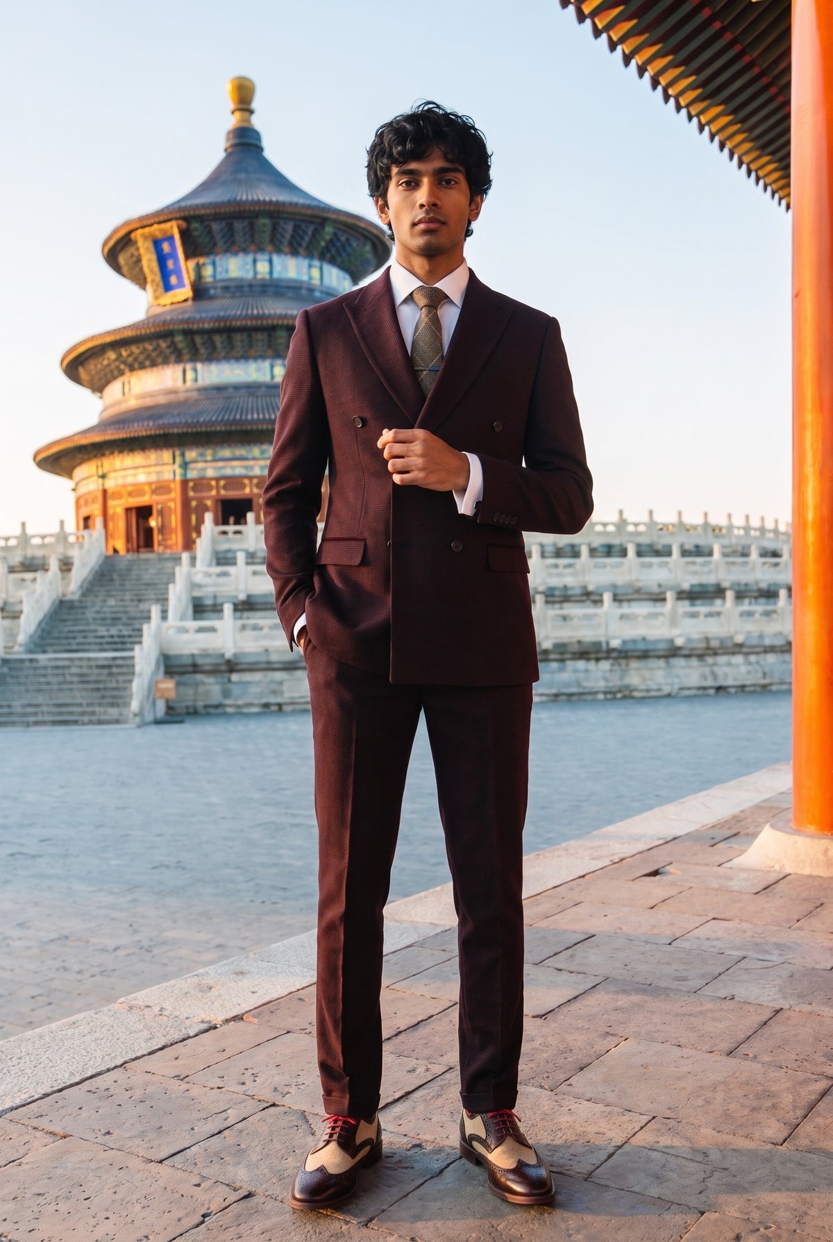 Look #641 styled with Regent - Terno masculino de duas peças, cor bordô, com abotoamento duplo.