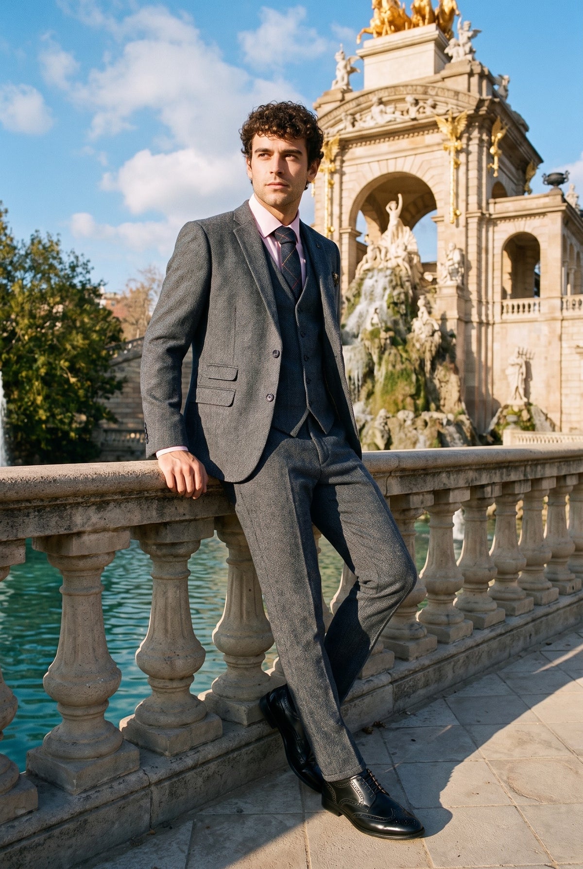 Look #955 styled with Thomas - Terno masculino azul-marinho de 3 peças em tweed de lã mista