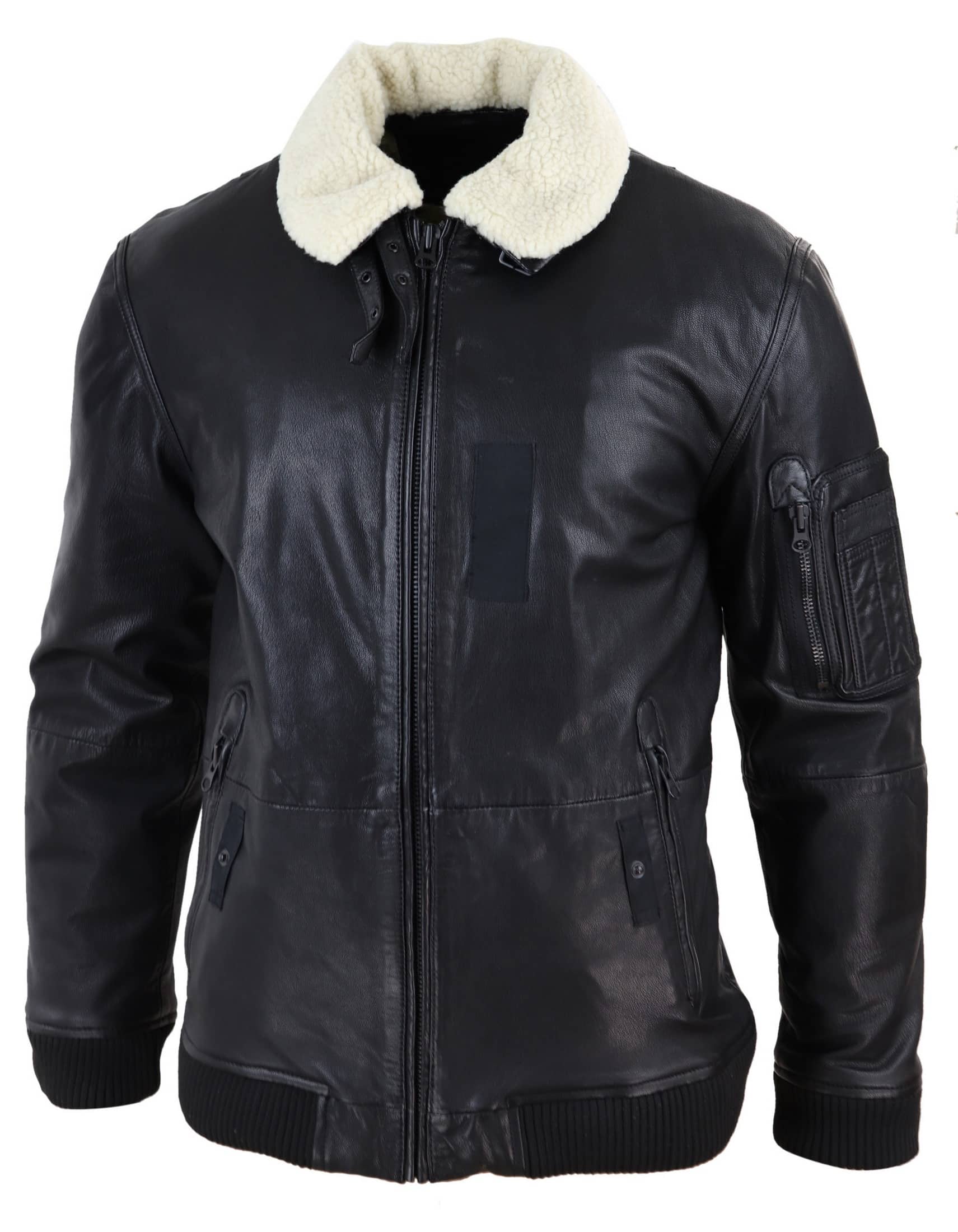 Jaqueta bomber masculina de couro preto com gola branca.