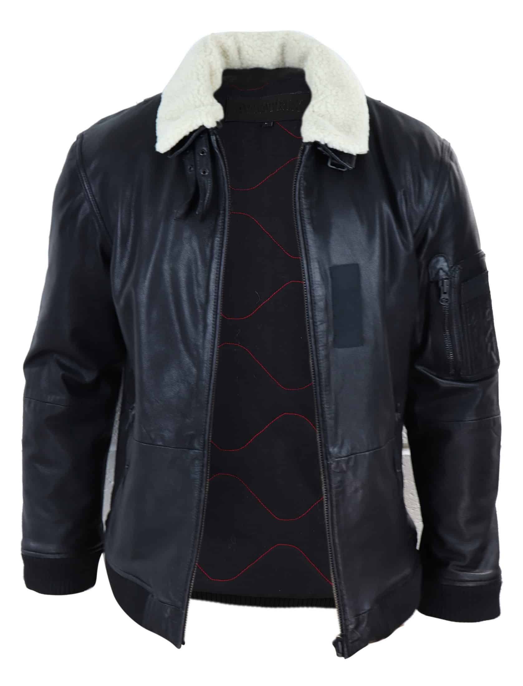 Jaqueta bomber masculina de couro preto com gola branca.