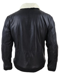 Jaqueta bomber masculina de couro preto com gola branca.