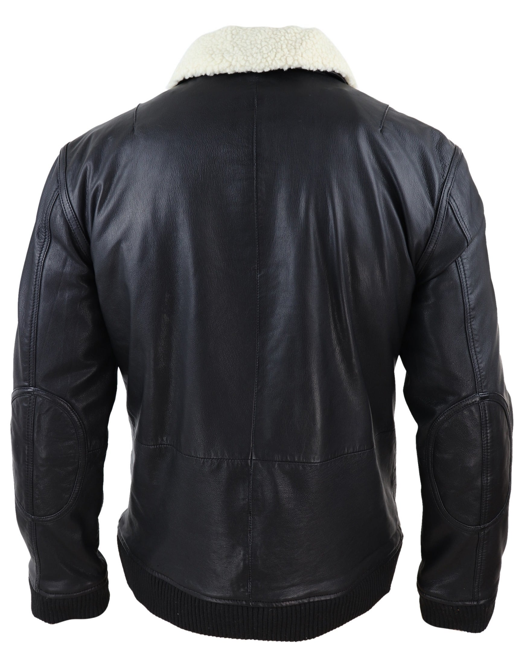 Jaqueta bomber masculina de couro preto com gola branca.
