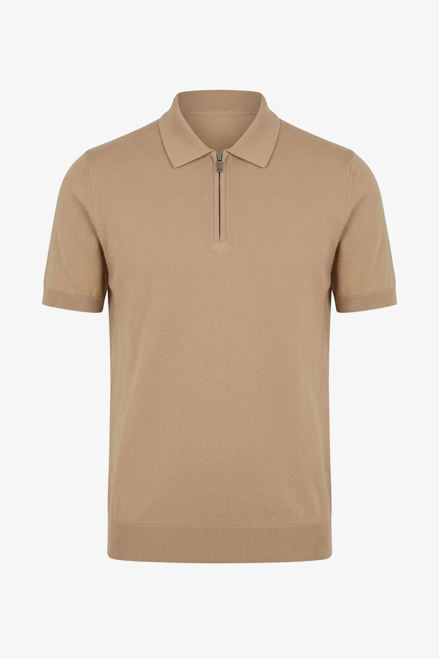 Camisa polo de malha bege com zíper no pescoço para homens