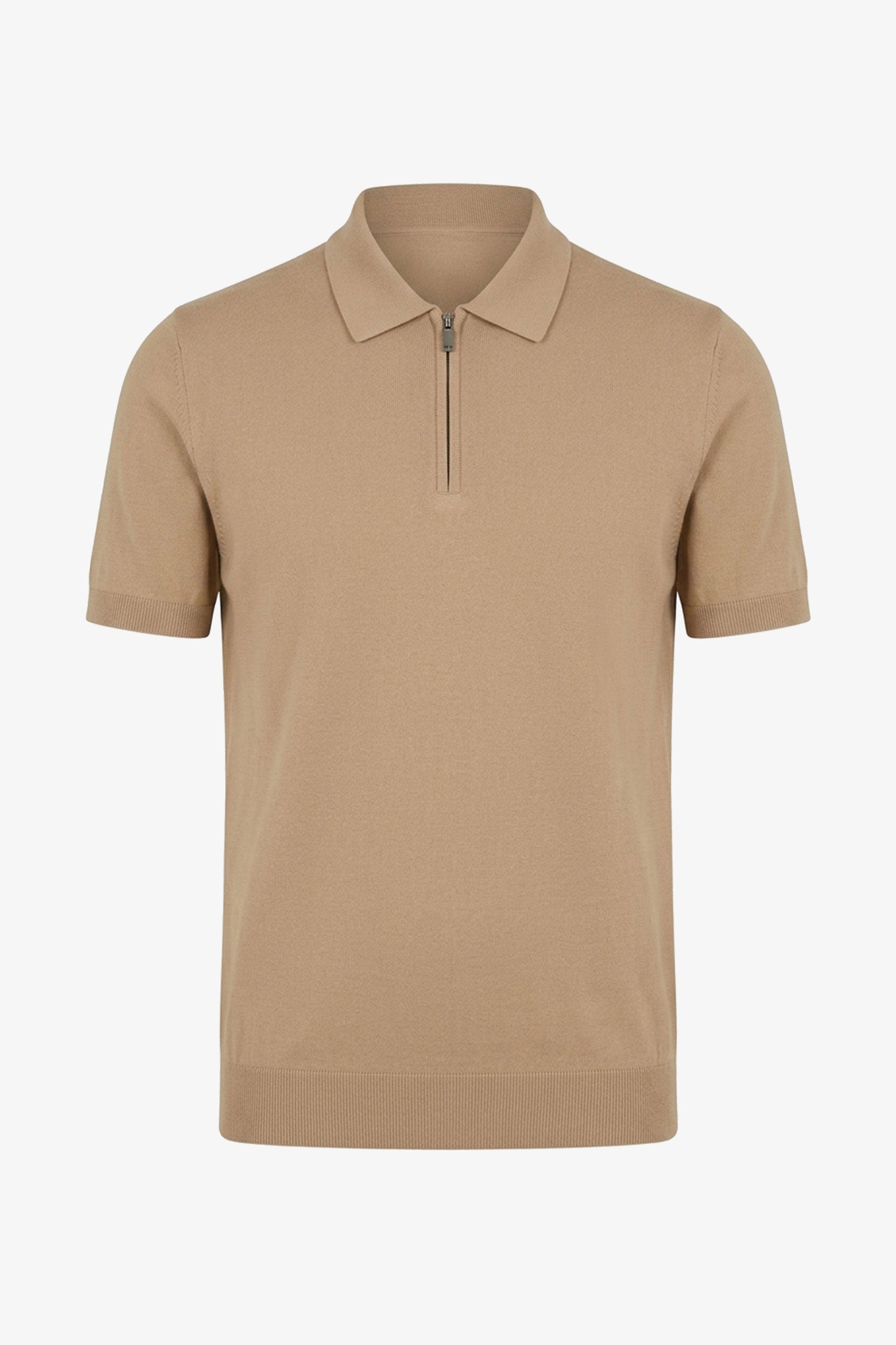 Camisa polo de malha bege com zíper no pescoço para homens