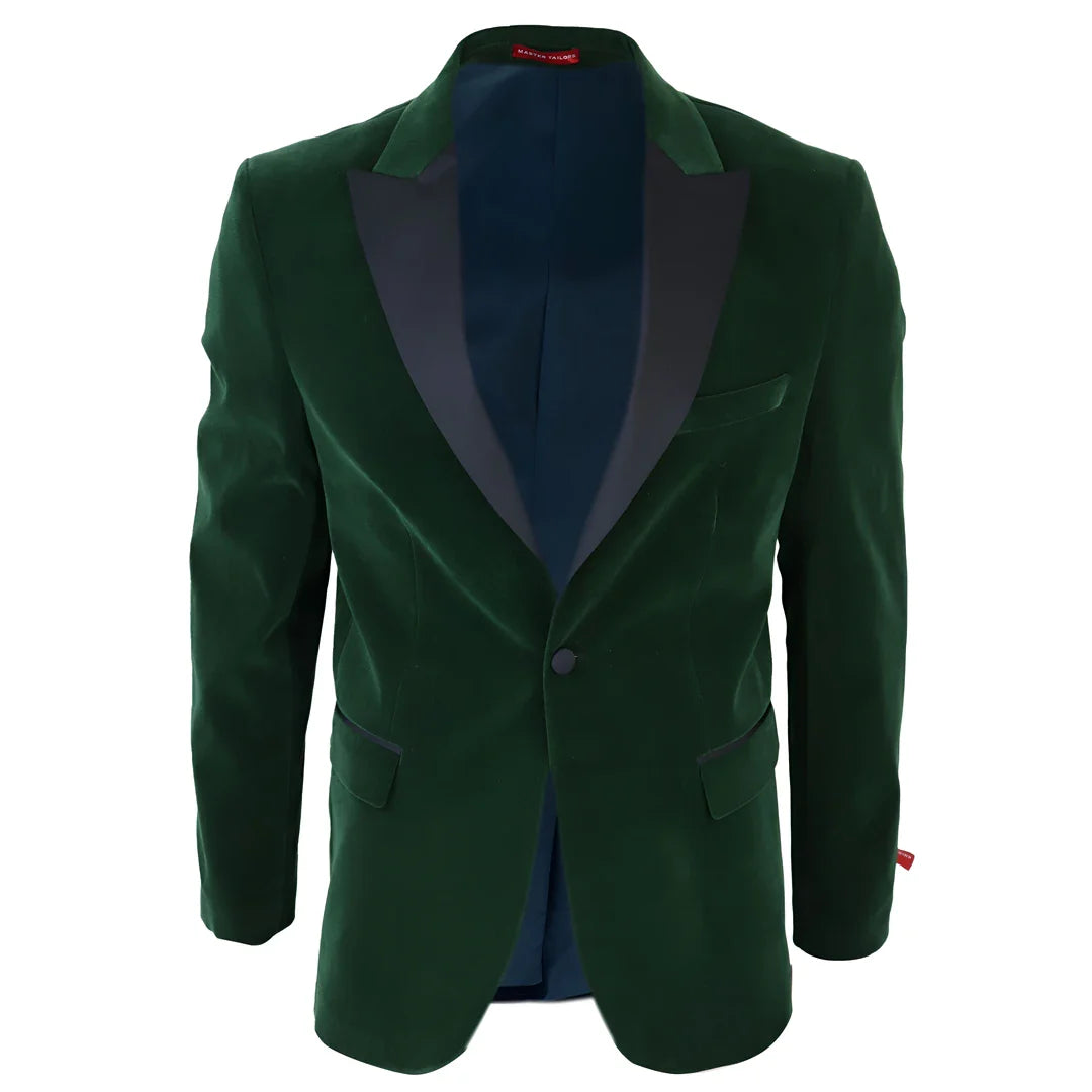 Smoking masculino verde de veludo com lapelas de cetim para jantar, casamento, formatura e traje de gala.