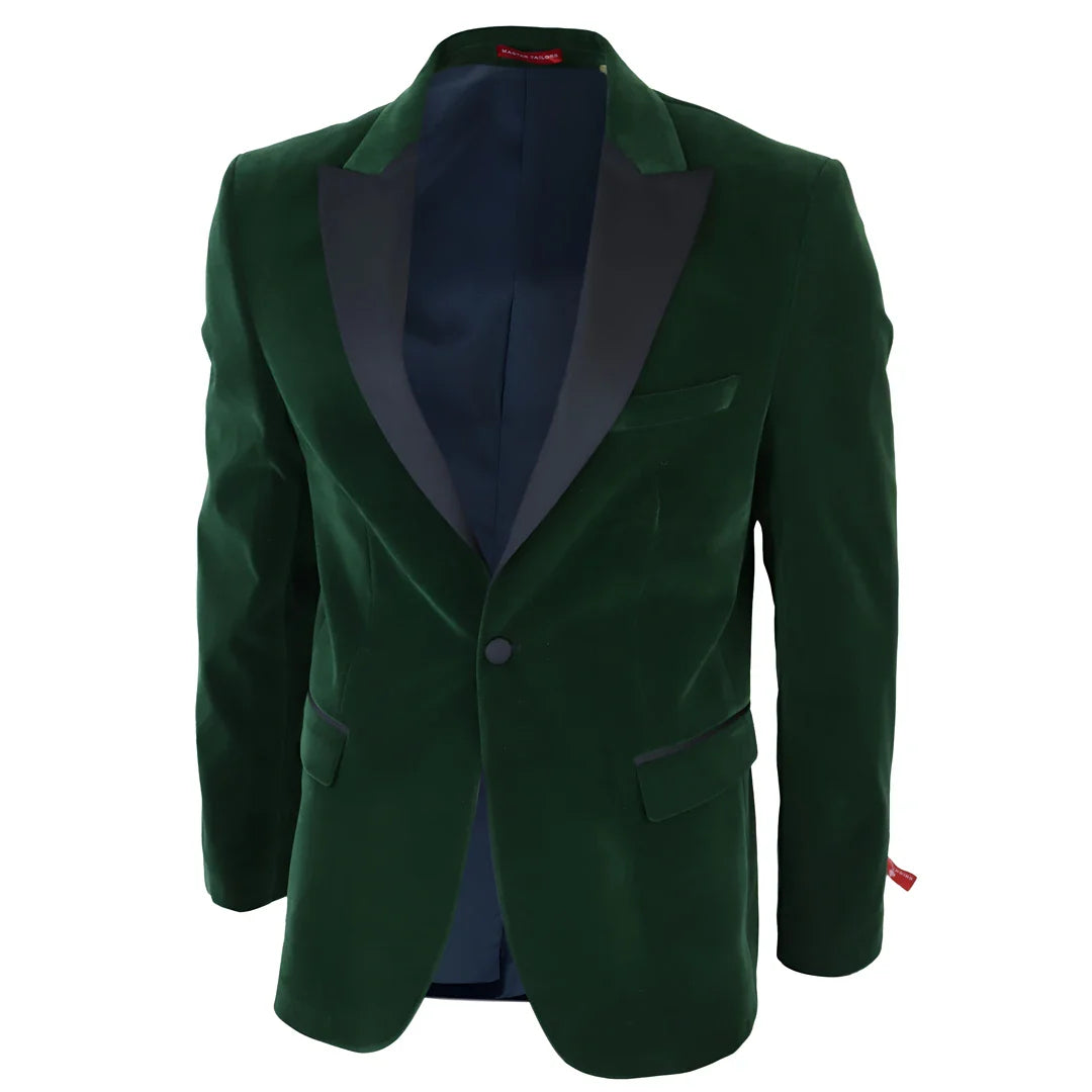 Smoking masculino verde de veludo com lapelas de cetim para jantar, casamento, formatura e traje de gala.
