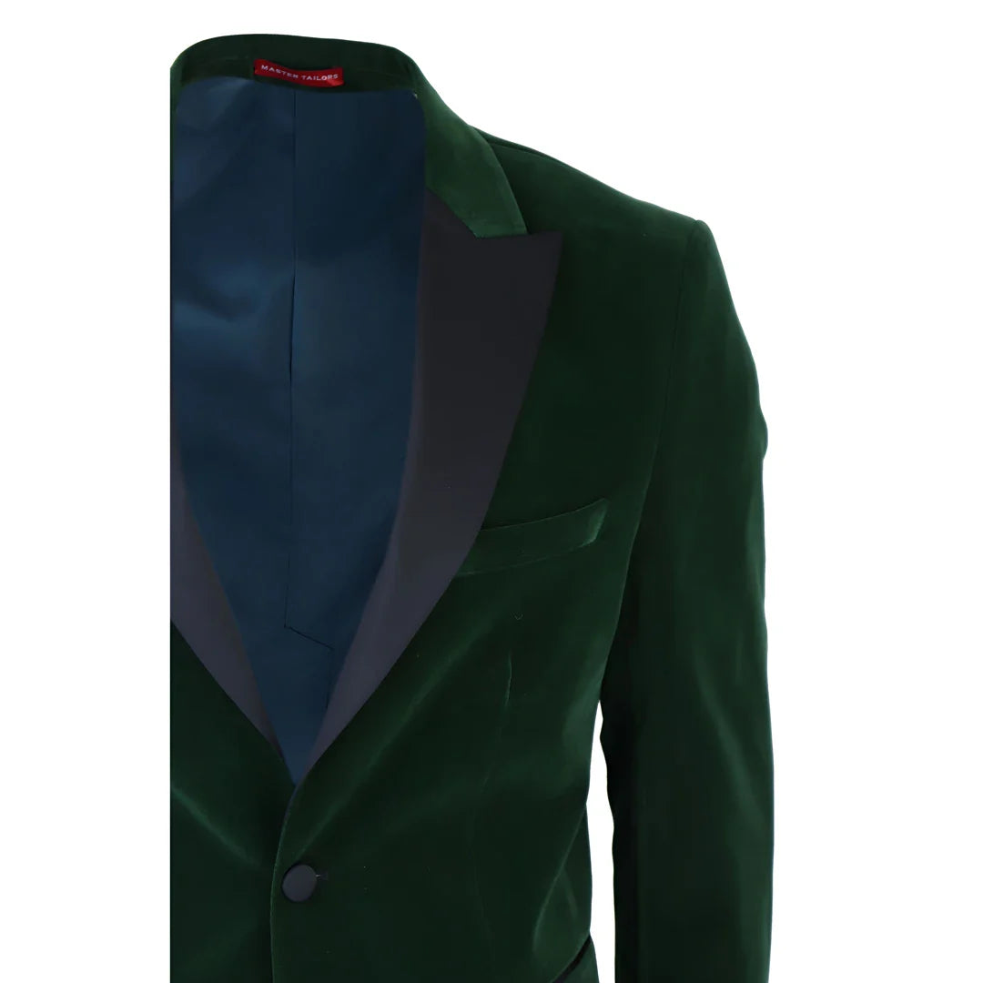 Smoking masculino verde de veludo com lapelas de cetim para jantar, casamento, formatura e traje de gala.