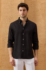 Camisa masculina preta de linho puro, manga comprida, com botões, para o verão.