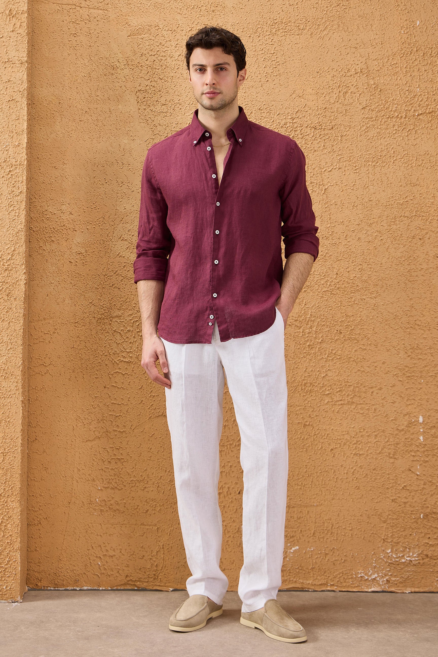 Camisa masculina de linho puro bordô, manga comprida, com botões, para o verão.