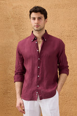 Camisa masculina de linho puro bordô, manga comprida, com botões, para o verão.