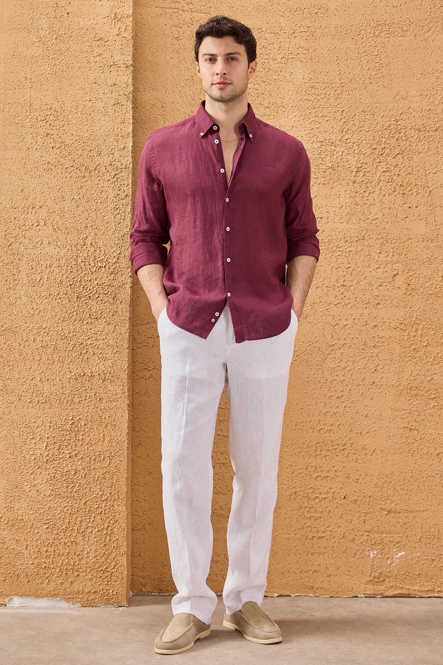Camisa masculina de linho puro bordô, manga comprida, com botões, para o verão.