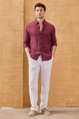 Camisa masculina de linho puro bordô, manga comprida, com botões, para o verão.