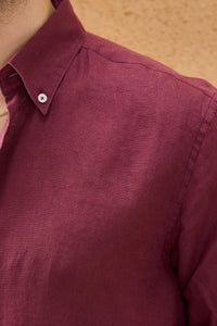 Camisa masculina de linho puro bordô, manga comprida, com botões, para o verão.