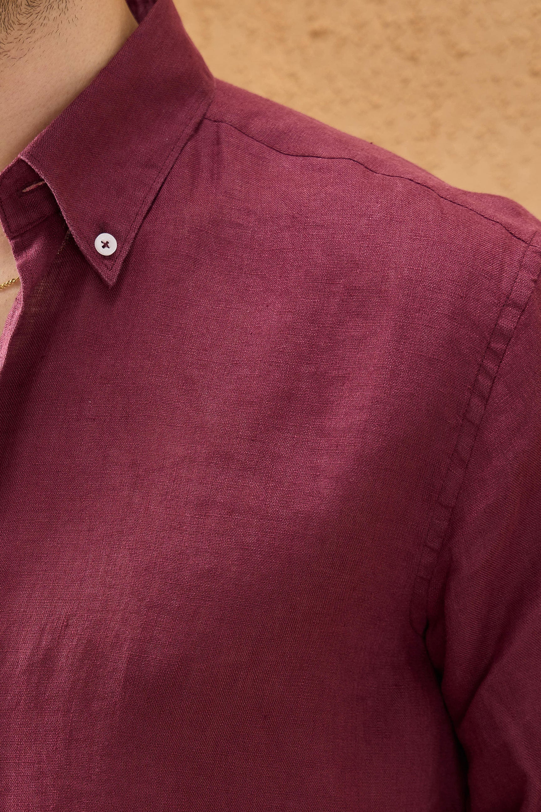 Camisa masculina de linho puro bordô, manga comprida, com botões, para o verão.