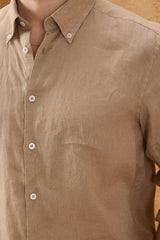 Camisa masculina de linho puro marrom camelo, manga comprida, com botões, para o verão.