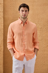 Camisa masculina laranja de linho puro, manga comprida, com botões, para o verão.
