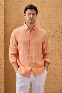 Camisa masculina laranja de linho puro, manga comprida, com botões, para o verão.