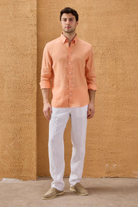 Camisa masculina laranja de linho puro, manga comprida, com botões, para o verão.