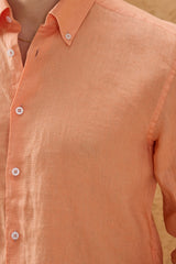 Camisa masculina laranja de linho puro, manga comprida, com botões, para o verão.