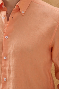Camisa masculina laranja de linho puro, manga comprida, com botões, para o verão.