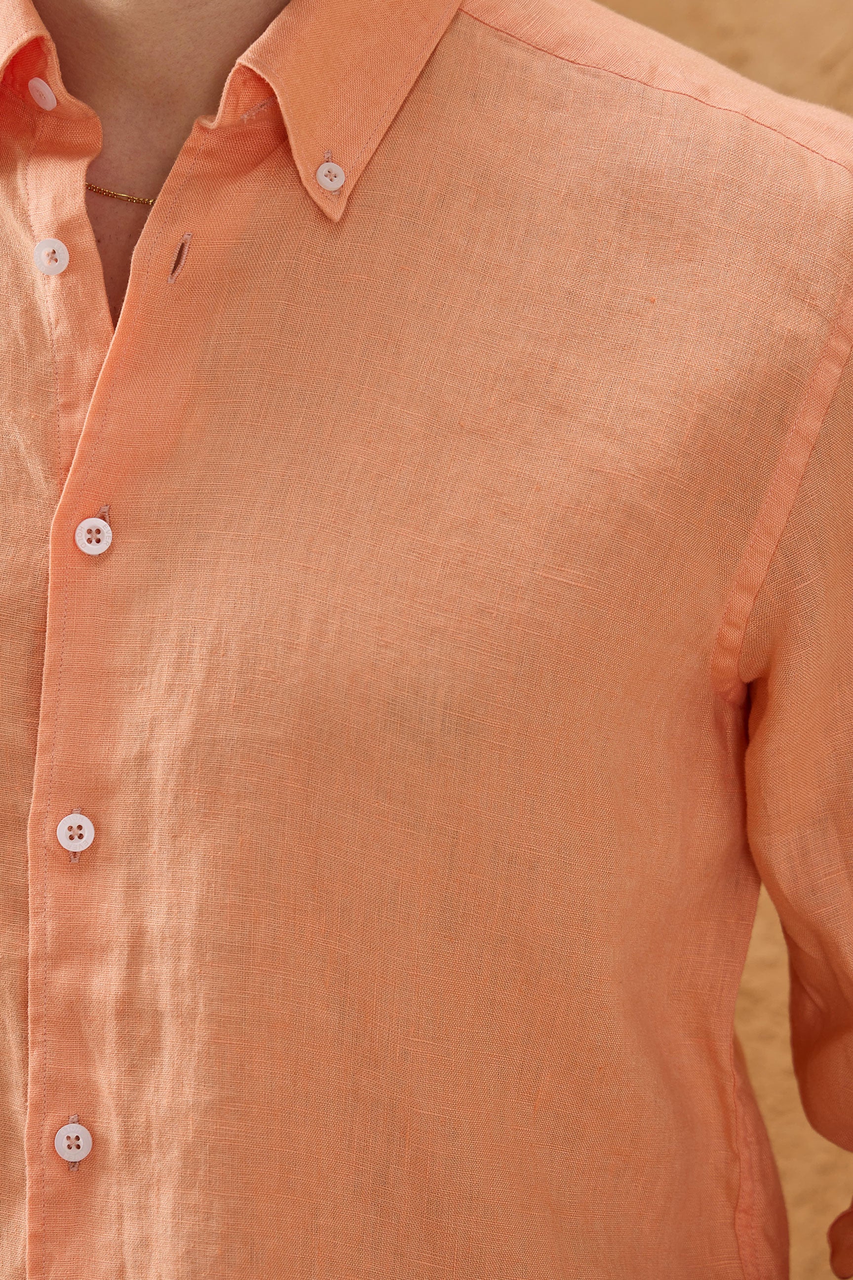 Camisa masculina laranja de linho puro, manga comprida, com botões, para o verão.