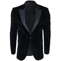 Blazer de smoking masculino preto de veludo com lapelas de cetim para jantar, casamento e formatura.