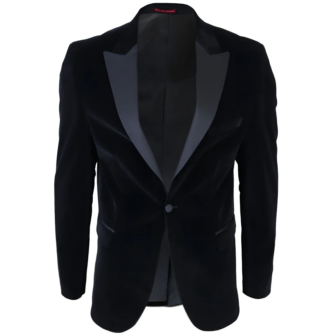 Blazer de smoking masculino preto de veludo com lapelas de cetim para jantar, casamento e formatura.