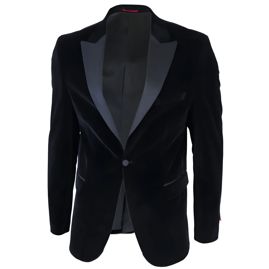 Blazer de smoking masculino preto de veludo com lapelas de cetim para jantar, casamento e formatura.