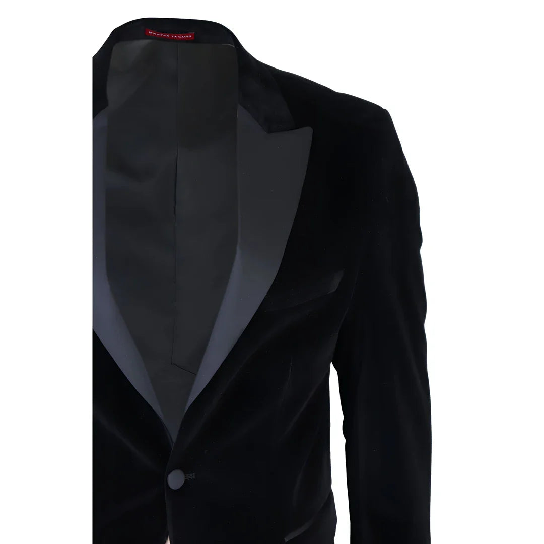 Blazer de smoking masculino preto de veludo com lapelas de cetim para jantar, casamento e formatura.