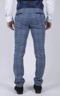 Calças masculinas Marc Darcy em tweed azul claro com estampa xadrez marinho, corte slim, modelo casual elegante, modelo Clinton.