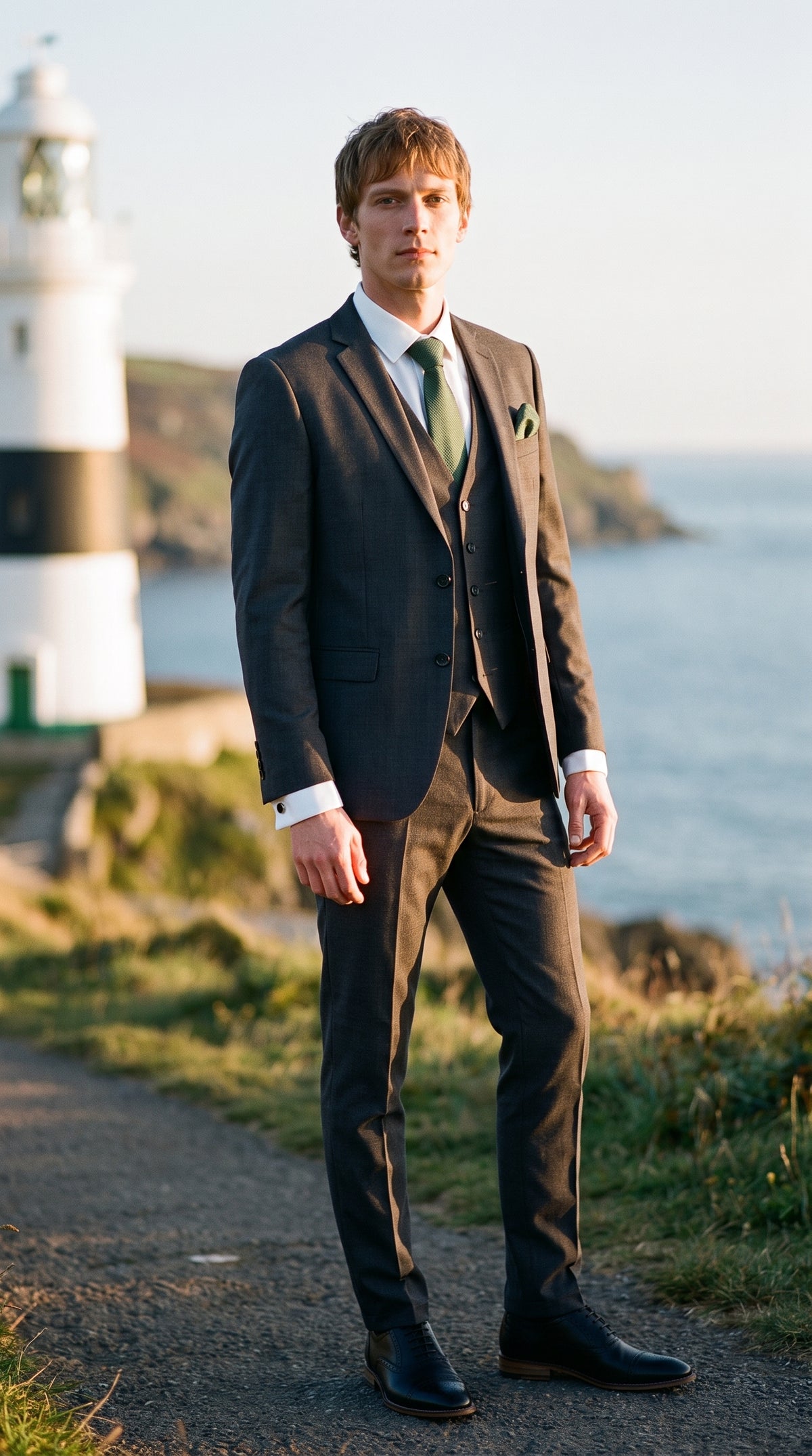 Look #817 styled with Terno masculino cinza escuro carvão de 3 peças com costura clássica para casamento, verão e formatura.