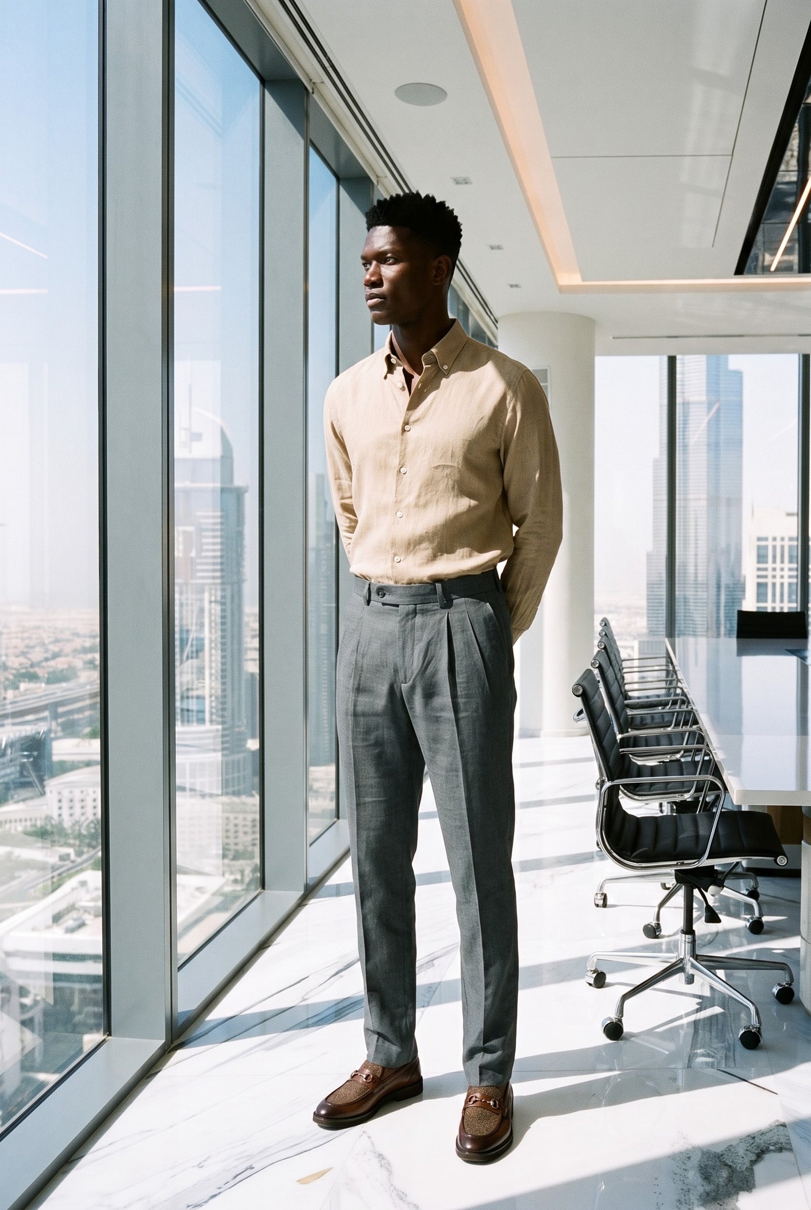 Look #1026 styled with Camisa masculina de linho puro marrom camelo, manga comprida, com botões, para o verão.