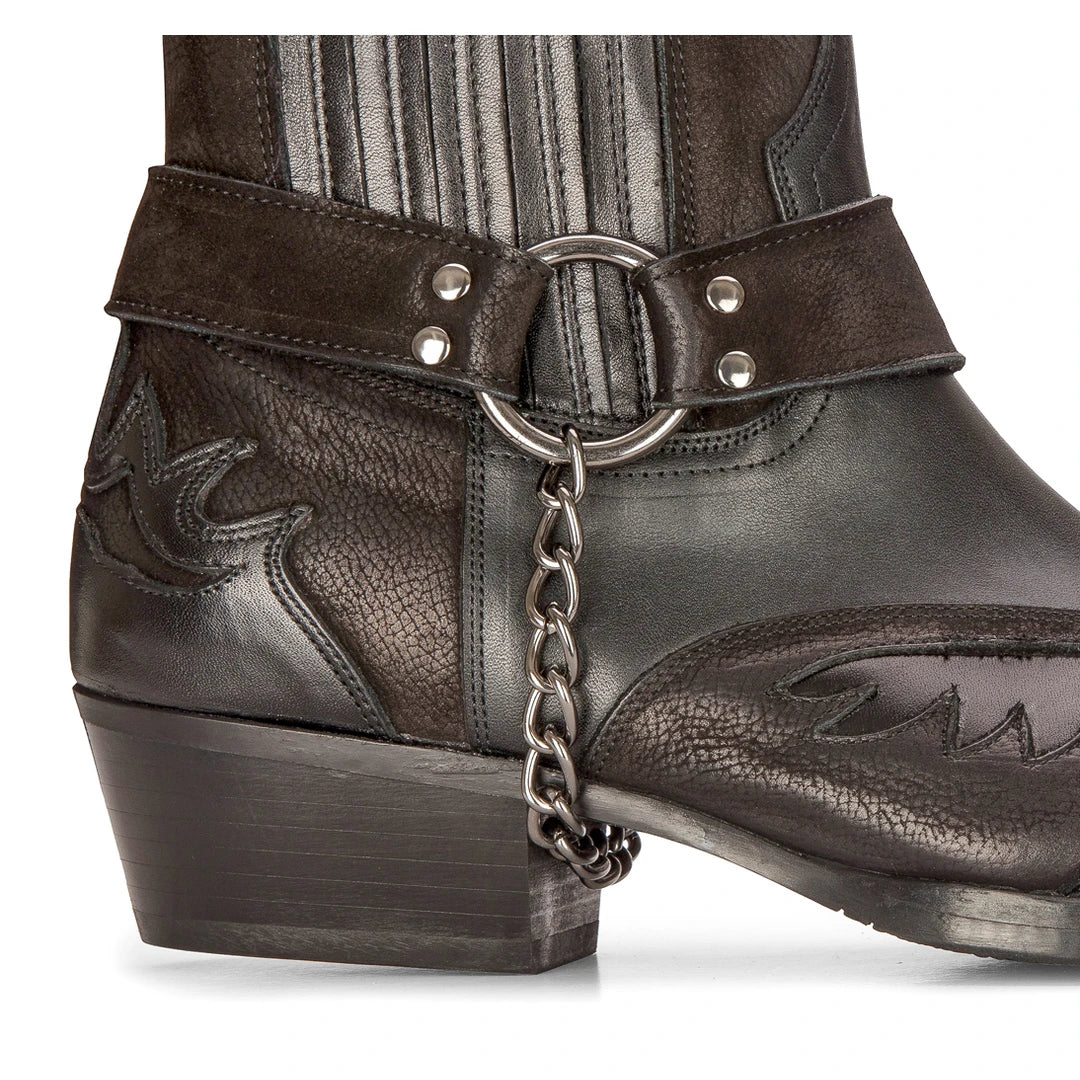 Botas masculinas estilo cowboy, pretas, vintage, bico fino, cano curto, para montaria, em couro legítimo.