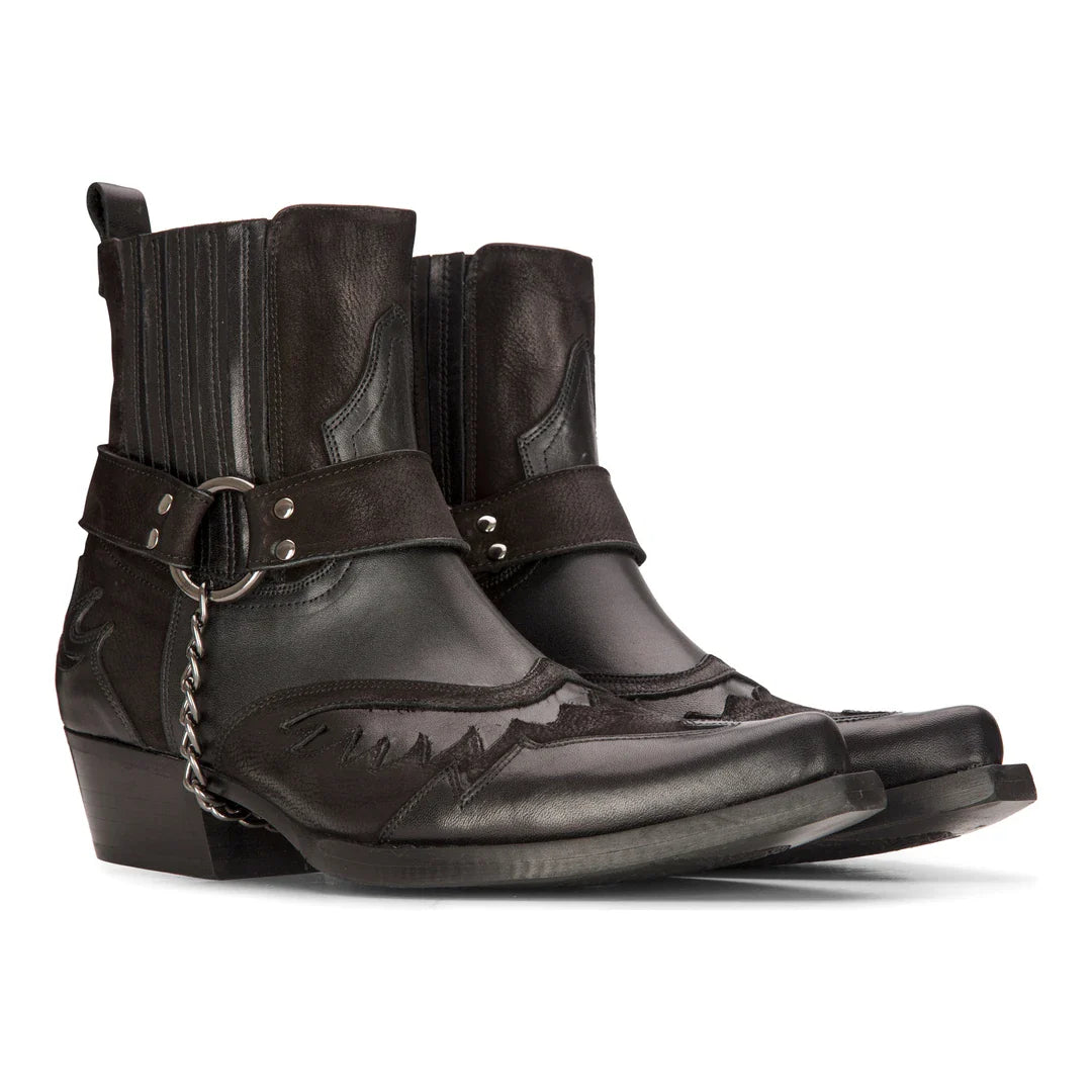 Botas masculinas estilo cowboy, pretas, vintage, bico fino, cano curto, para montaria, em couro legítimo.