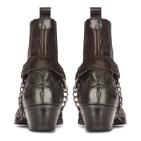 Botas masculinas estilo cowboy, pretas, vintage, bico fino, cano curto, para montaria, em couro legítimo.