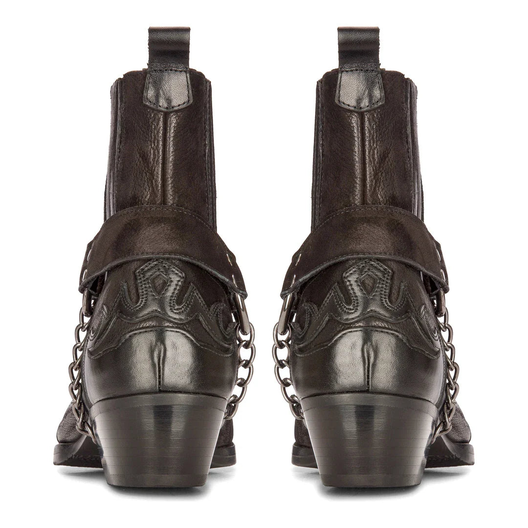 Botas masculinas estilo cowboy, pretas, vintage, bico fino, cano curto, para montaria, em couro legítimo.