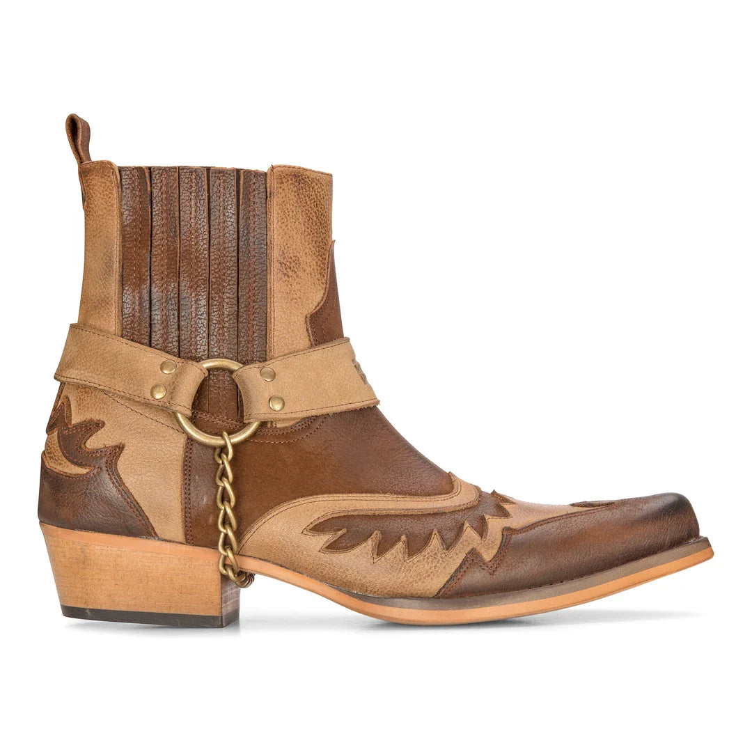Botas masculinas estilo cowboy marrom estilo vintage, bico fino, cano curto, para montaria, em couro legítimo.