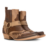 Botas masculinas estilo cowboy marrom estilo vintage, bico fino, cano curto, para montaria, em couro legítimo.