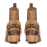 Botas masculinas estilo cowboy marrom estilo vintage, bico fino, cano curto, para montaria, em couro legítimo.