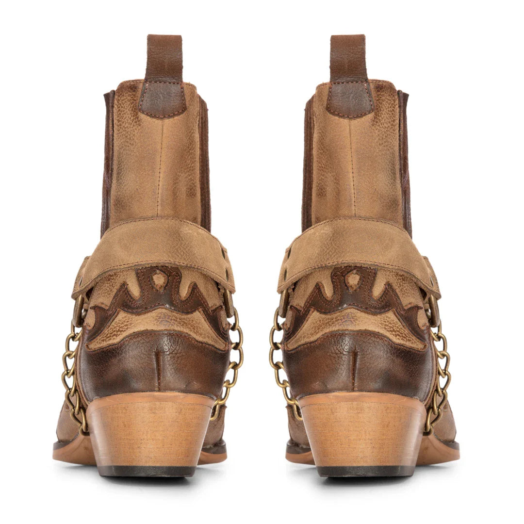 Botas masculinas estilo cowboy marrom estilo vintage, bico fino, cano curto, para montaria, em couro legítimo.