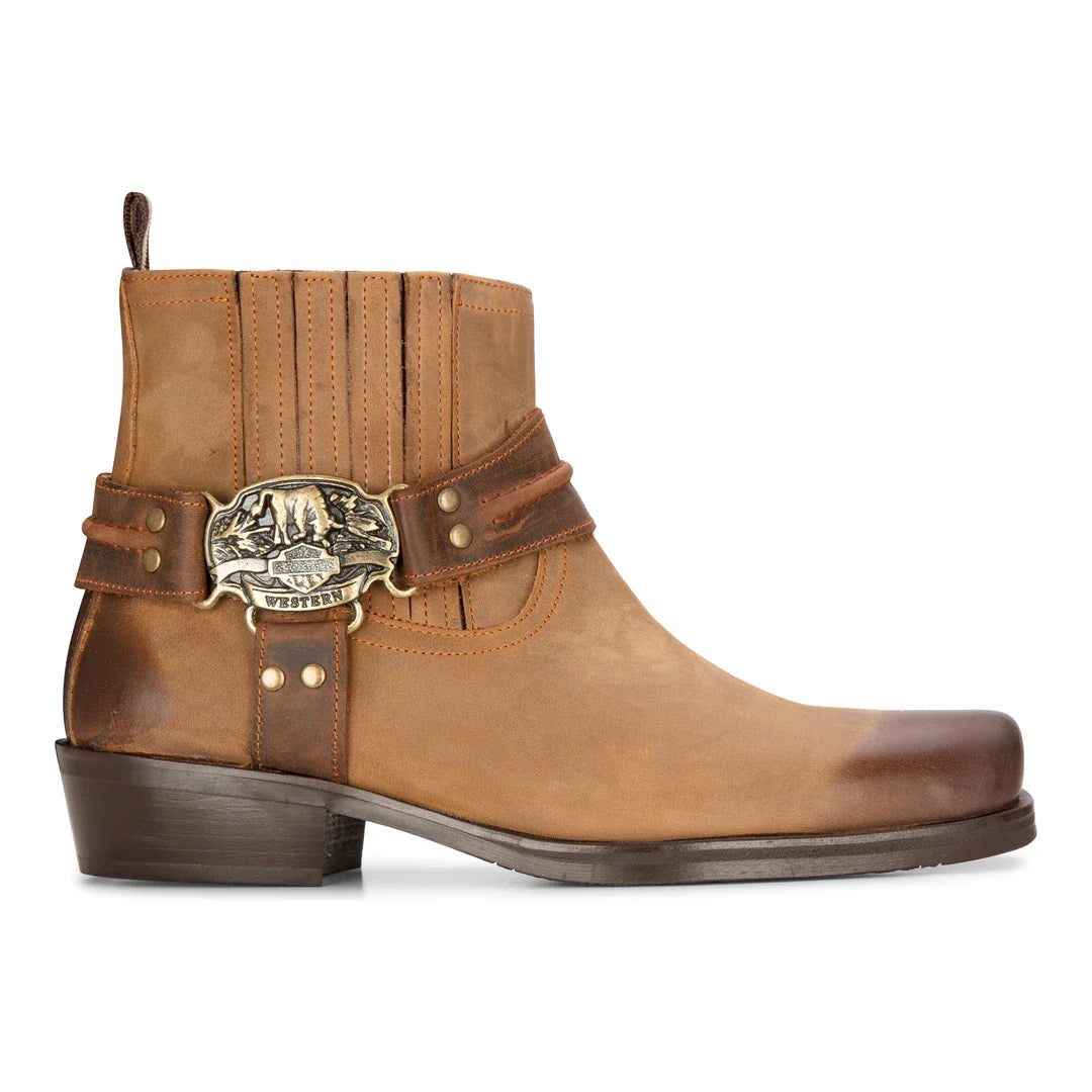 Bota masculina estilo cowboy ocidental, cor caramelo, bico quadrado vintage, para caça, trilhas, montaria e motociclismo.